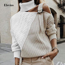 Load image into Gallery viewer, Women Patchwork Turtleneck Sweater Sexy Off Shoulder Buckle Knitted Pullover Autumn Winter Long Sleeve Jumper Tops Pull Knitwear