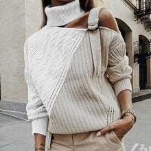 Load image into Gallery viewer, Women Patchwork Turtleneck Sweater Sexy Off Shoulder Buckle Knitted Pullover Autumn Winter Long Sleeve Jumper Tops Pull Knitwear