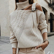 Load image into Gallery viewer, Women Patchwork Turtleneck Sweater Sexy Off Shoulder Buckle Knitted Pullover Autumn Winter Long Sleeve Jumper Tops Pull Knitwear