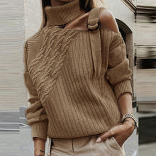 Load image into Gallery viewer, Women Patchwork Turtleneck Sweater Sexy Off Shoulder Buckle Knitted Pullover Autumn Winter Long Sleeve Jumper Tops Pull Knitwear