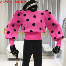 Load image into Gallery viewer, ALPHALMODA 2019 Winter New Design Round Neck Polka Dot Sweater Dress Sweet Bubble Sleeve Pullovers Female Fashion Jumper