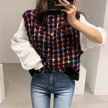 Load image into Gallery viewer, Woherb Fake 2 Piece Women Sweater Shirts Elegant Plaid Knitted Pullovers Patchwork White Puff Sleeve Blouse Korean Fashion