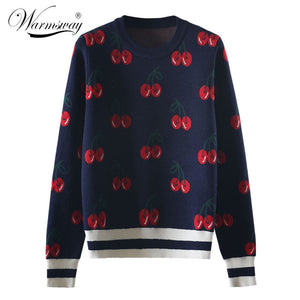 New Fashion Women Autumn And Winter Cute Cherry Jacquard Sweater Pullovers Ladies Chic Long Sleeve Jumper Knitting Top C-426