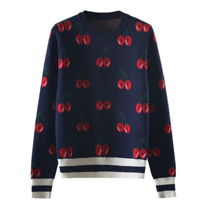 New Fashion Women Autumn And Winter Cute Cherry Jacquard Sweater Pullovers Ladies Chic Long Sleeve Jumper Knitting Top C-426