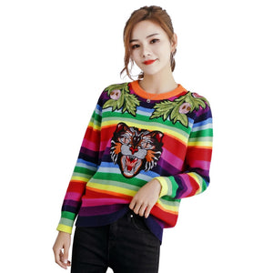 NiceMix  Color Striped Sweaters Women Tops Tiger 2019 Fashion Streetwear Pullovers and Sweater Femme Pull Stripe Jumper rainbow