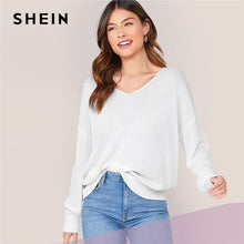 Load image into Gallery viewer, SHEIN White Solid V Neck Drop Shoulder Knit Sweater Women Tops 2019 Autumn Long Sleeve Casual Basic Office Ladies Sweaters
