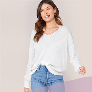 SHEIN White Solid V Neck Drop Shoulder Knit Sweater Women Tops 2019 Autumn Long Sleeve Casual Basic Office Ladies Sweaters