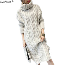 Load image into Gallery viewer, Autumn 2019 Long Style Knit High-collar Sweater Dress Fashion Pullover Sweater Loose Casual Rice White Thick Sweater Dress
