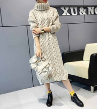 Load image into Gallery viewer, Autumn 2019 Long Style Knit High-collar Sweater Dress Fashion Pullover Sweater Loose Casual Rice White Thick Sweater Dress
