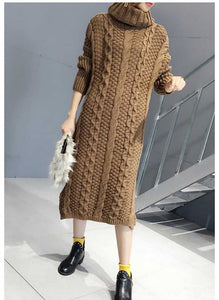 Autumn 2019 Long Style Knit High-collar Sweater Dress Fashion Pullover Sweater Loose Casual Rice White Thick Sweater Dress