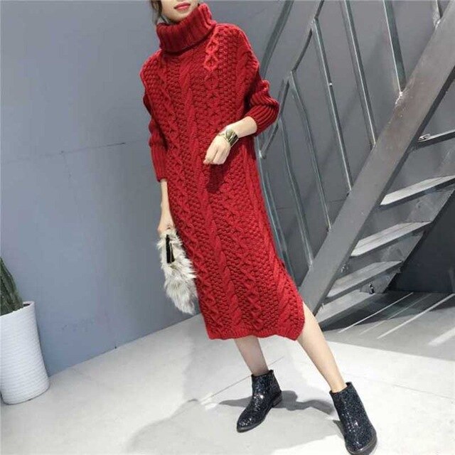 Autumn 2019 Long Style Knit High-collar Sweater Dress Fashion Pullover Sweater Loose Casual Rice White Thick Sweater Dress