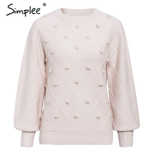 Simplee Elegant fur pompon women sweater Autumn winter lantern sleeve knitted sweater female Streetwear ladies pullover jumper