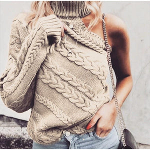 Sexy One Shoulder Twist Knitted Sweater Women  Long Sleeve Turtleneck Sweaters Autumn 2019 White Vintage Pullover