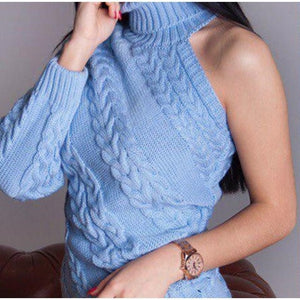 Sexy One Shoulder Twist Knitted Sweater Women  Long Sleeve Turtleneck Sweaters Autumn 2019 White Vintage Pullover