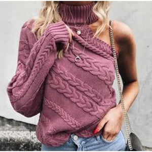 Sexy One Shoulder Twist Knitted Sweater Women  Long Sleeve Turtleneck Sweaters Autumn 2019 White Vintage Pullover