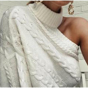 Sexy One Shoulder Twist Knitted Sweater Women  Long Sleeve Turtleneck Sweaters Autumn 2019 White Vintage Pullover