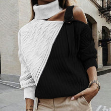 Load image into Gallery viewer, Women Patchwork Turtleneck Sweater Sexy Off Shoulder Buckle Knitted Pullover Autumn Winter Long Sleeve Jumper Tops Pull Knitwear
