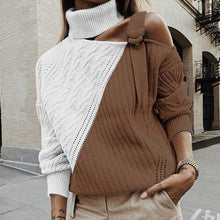 Load image into Gallery viewer, Women Patchwork Turtleneck Sweater Sexy Off Shoulder Buckle Knitted Pullover Autumn Winter Long Sleeve Jumper Tops Pull Knitwear
