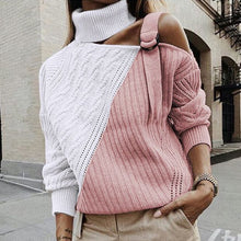 Load image into Gallery viewer, Women Patchwork Turtleneck Sweater Sexy Off Shoulder Buckle Knitted Pullover Autumn Winter Long Sleeve Jumper Tops Pull Knitwear
