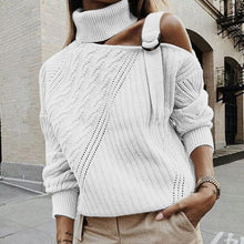 Load image into Gallery viewer, Women Patchwork Turtleneck Sweater Sexy Off Shoulder Buckle Knitted Pullover Autumn Winter Long Sleeve Jumper Tops Pull Knitwear
