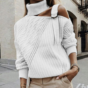 Women Patchwork Turtleneck Sweater Sexy Off Shoulder Buckle Knitted Pullover Autumn Winter Long Sleeve Jumper Tops Pull Knitwear