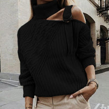 Load image into Gallery viewer, Women Patchwork Turtleneck Sweater Sexy Off Shoulder Buckle Knitted Pullover Autumn Winter Long Sleeve Jumper Tops Pull Knitwear
