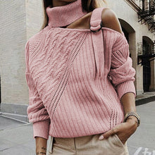 Load image into Gallery viewer, Women Patchwork Turtleneck Sweater Sexy Off Shoulder Buckle Knitted Pullover Autumn Winter Long Sleeve Jumper Tops Pull Knitwear
