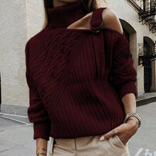 Load image into Gallery viewer, Women Patchwork Turtleneck Sweater Sexy Off Shoulder Buckle Knitted Pullover Autumn Winter Long Sleeve Jumper Tops Pull Knitwear
