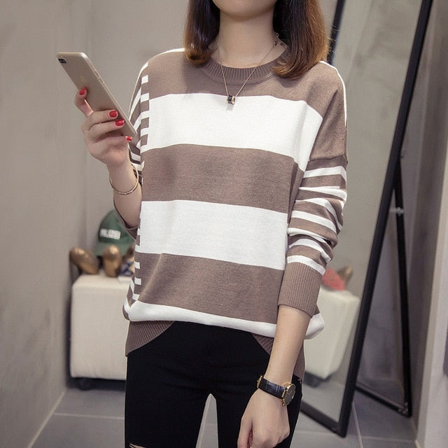 Plus Size Striped Knitted Sweater Women Autumn Winter 2019 Korean Style Modis Loose Large Size Pullovers Ladies Sweaters Jumper