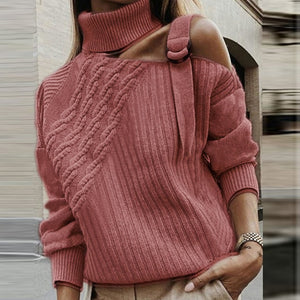 Women Patchwork Turtleneck Sweater Sexy Off Shoulder Buckle Knitted Pullover Autumn Winter Long Sleeve Jumper Tops Pull Knitwear