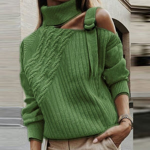 Women Patchwork Turtleneck Sweater Sexy Off Shoulder Buckle Knitted Pullover Autumn Winter Long Sleeve Jumper Tops Pull Knitwear