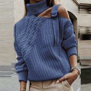 Women Patchwork Turtleneck Sweater Sexy Off Shoulder Buckle Knitted Pullover Autumn Winter Long Sleeve Jumper Tops Pull Knitwear