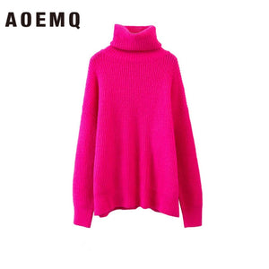 AOEMQ Autumn and Winter New Long Solid Colors Thick Sweater Knit Fluorescent High Collar Loose Pullover Sweater Female