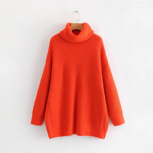 AOEMQ Autumn and Winter New Long Solid Colors Thick Sweater Knit Fluorescent High Collar Loose Pullover Sweater Female