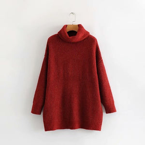 AOEMQ Autumn and Winter New Long Solid Colors Thick Sweater Knit Fluorescent High Collar Loose Pullover Sweater Female