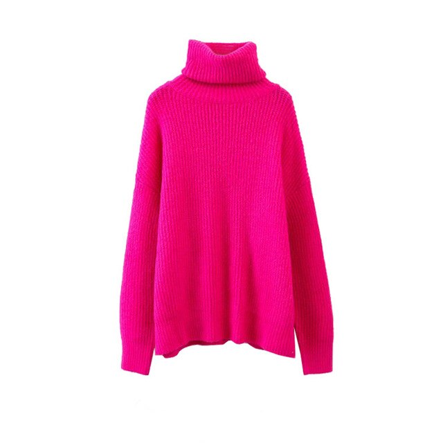 AOEMQ Autumn and Winter New Long Solid Colors Thick Sweater Knit Fluorescent High Collar Loose Pullover Sweater Female