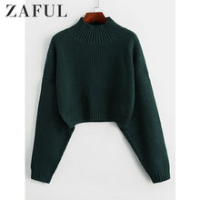 Load image into Gallery viewer, ZAFUL Drop Shoulder High Neck Plain Sweater Short Length Elastic Solid Color Sweater Autumn Winter Warm Women Daily Pullover2019
