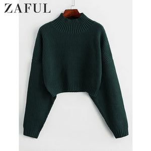 ZAFUL Drop Shoulder High Neck Plain Sweater Short Length Elastic Solid Color Sweater Autumn Winter Warm Women Daily Pullover2019