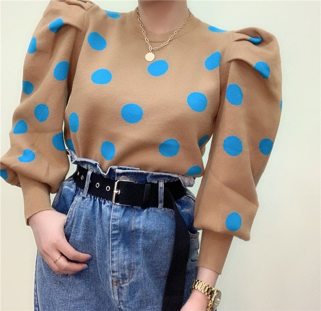 ALPHALMODA 2019 Winter New Design Round Neck Polka Dot Sweater Dress Sweet Bubble Sleeve Pullovers Female Fashion Jumper