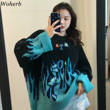 Load image into Gallery viewer, Woherb Autumn Winter Harajuku Flame Knit Sweater Butterfly Applique Womens Pullover Casual Loose Sweater Women Man Streetwear
