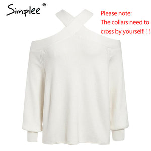 Simplee Sexy halter cold shoulder knitted sweater women Spring casual pullover jumpers sweater Elegant pull femmel sweaters 2020