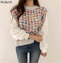 Load image into Gallery viewer, Woherb Fake 2 Piece Women Sweater Shirts Elegant Plaid Knitted Pullovers Patchwork White Puff Sleeve Blouse Korean Fashion
