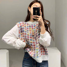 Load image into Gallery viewer, Woherb Fake 2 Piece Women Sweater Shirts Elegant Plaid Knitted Pullovers Patchwork White Puff Sleeve Blouse Korean Fashion
